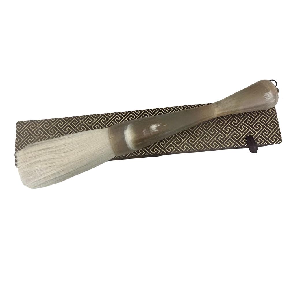 VTG Chinese or Japanese Large Calligraphy Brush Polished Bone Handle w Satin Box